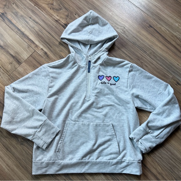 Life Is Good Sweaters - Life Is Good Grey Fleece Hoodie with thumb holes